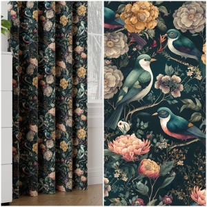 TKANINA ZASŁONOWA DEKORACYJNA NA METRY VELVET KWIATY PTASZKI JASKÓŁKI 150